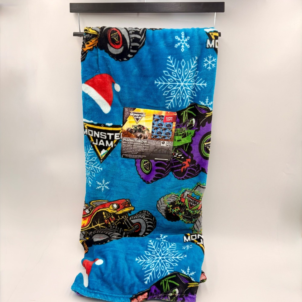 Monster Jam Christmas Holiday Plush Throw Blanket Grave Digger Blue 60x70 NEW